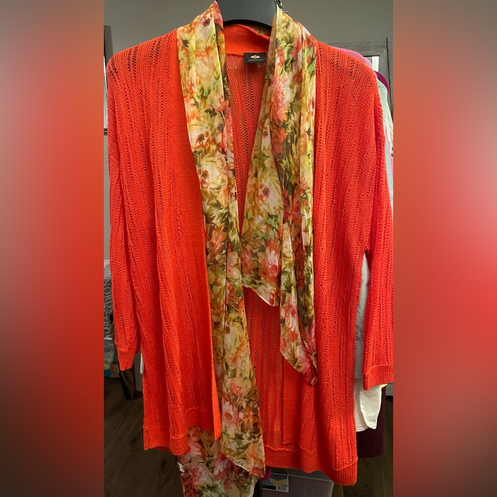 Vibrant Orange Cardigan with Floral Scarf